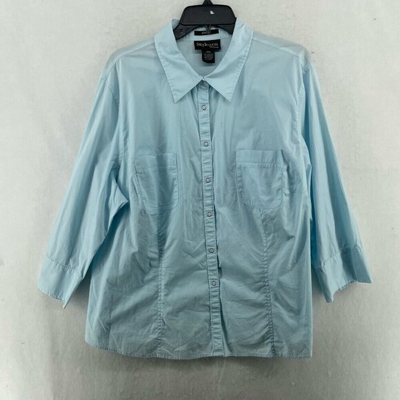 Style & Co Shirt Women's 22W Light Blue Collared 3/4 Sleeves Snap Button Stretch - Picture 1 of 10